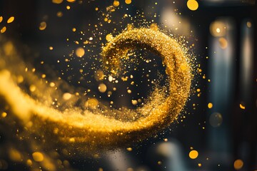 Poster - A swirling trail of golden glitter sparkles in a dimly lit environment, creating a magical and captivating visual effect. Generative AI