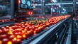 © Alpha - A futuristic conveyor belt in a high-tech factory, AI-driven systems performing rapid visual and sensor-based quality checks on each food item, sleek metallic surroundings