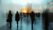© Topuria Design - Blurred crowd in a modern hallway. A large group of silhouetted individuals moves through a spacious contemporary corridor, creating a sense of urban hustle and bustle.