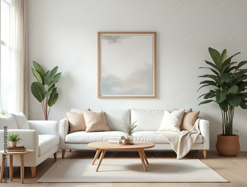A stylish living room interior design white sofas, a wooden side table ...