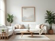 © NASSRI - A stylish living room interior design white sofas, a wooden side table, abstract wall art, and minimalist decor. The space includes soft rug, indoor plants, flower and cozy accents, creating serene.