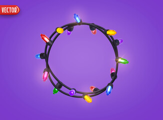 Wall Mural - Festive Christmas colorful string lights brightly glowing. Realistic 3d New Year decorations garland isolated on rich lilac background. vector illustration