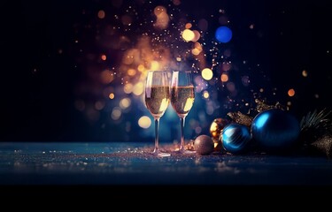 Two champagne flutes filled with bubbly rest on a blue table with scattered golden ornaments and blurry background lights.