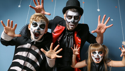 Wall Mural - Father with children in Halloween costumes on color background