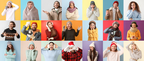 Canvas Print - Group of emotional young people in winter clothes on color background