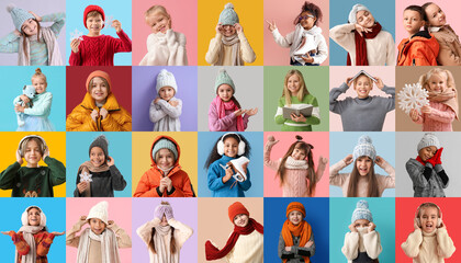 Poster - Set of emotional little children in winter clothes on color background