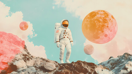 surreal collage of an astronaut traveling and walking through planets, alone, pastel colors, travel 