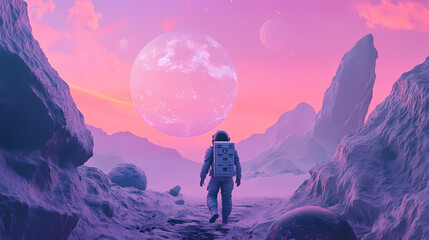 Wall Mural - Surreal collage of an astronaut traveling and walking through planets, alone, pastel colors, travel theme concept, generative ai illustration. Surreal Collage. Illustration