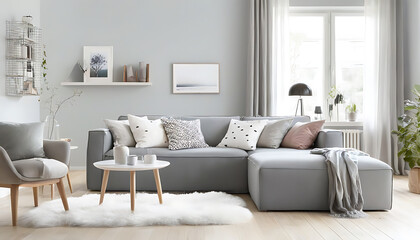 Design of cozy gray living room, incorporating the characteristics of Scandianavian style and modern living atmosphere, creating a beautiful picture of life.