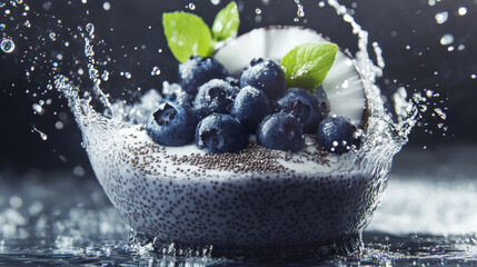 refreshing smoothie with coconut milk and fresh blueberries splashes in bowl, creating vibrant scene. droplets of water add dynamic touch to this delicious treat