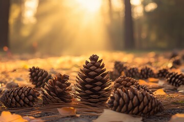 Wall Mural - Pine Cones Glowing in Golden Sunlight on Forest Floor