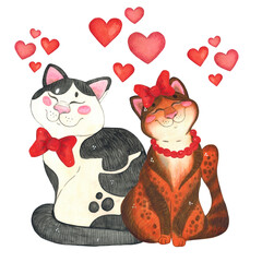 Composition of a cat and a cat in love wearing bows. Watercolor illustration done by hand in a childish style. Drawing for invitations, posters, cards. Love, heart, cat, cats, bow, red, relationship, 