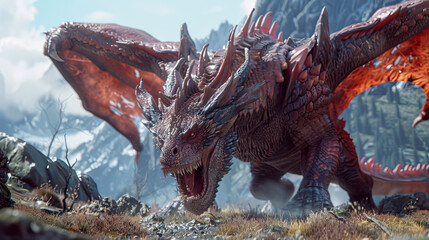 Poster - Gigantic dragon creature in a game scenario fighting a hero character.