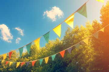 Colorful bunting flags hanging on blurred natural background. Summer or autumn festival or birthday celebration concept. Party, event, picnic in park. Backdrop for design with copy space