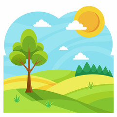 Wall Mural - sunny meadow with rolling hills and a single tree