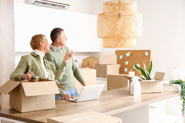 Canvas Print - Mature couple with laptop in kitchen on moving day