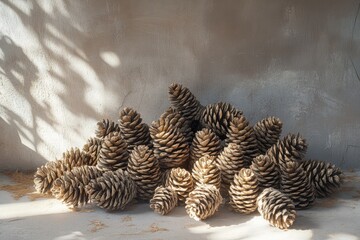 Sticker - A Collection of Brown Pine Cones Against a Textured Wall