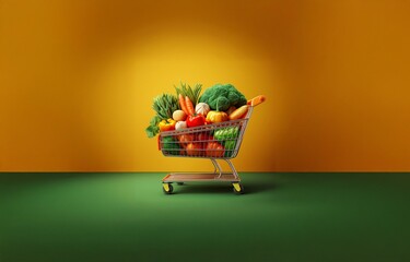 A shopping cart full of fresh produce sits on a green surface, with a bright yellow background.