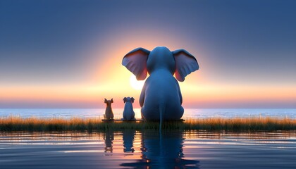 Wall Mural - sunrise companionship between elephant and dog on the seashore