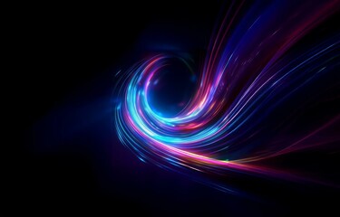 Poster - abstract glowing lines in blue, pink and purple swirl against a dark background.