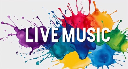 Wall Mural - live music word lettering on colorful paint watercolor splash on plain white background