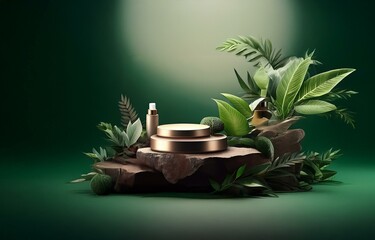 a gold podium with two tiers sits on a brown rock surrounded by leafy green plants against a dark gr