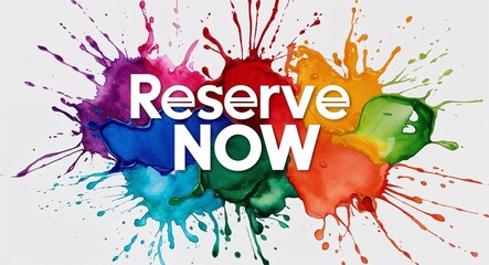 Wall Mural - Reserve now word lettering on colorful paint watercolor splash on plain white background