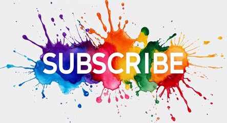 Wall Mural - Subscribe word lettering on colorful paint watercolor splash on plain white background