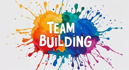 Wall Mural - team building word lettering on colorful paint watercolor splash on plain white background