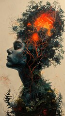 Canvas Print - Surreal Woman with Tree Head and Glowing Fire