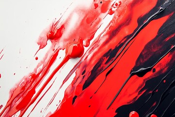 Poster - Dripping red paint on a black surface creates an abstract art piece in a bright studio environment. Generative AI