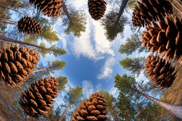 Poster - Pine Cones Surrounding a Blue Sky with White Clouds