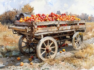 Sticker - Watercolor Painting of a Rustic Wagon Filled with Apples in a Countryside Landscape