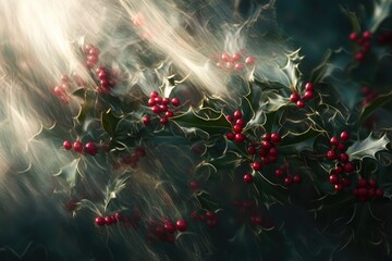 Poster - Red Berries on Holly Bush with Sun Rays