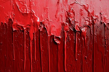 Poster - Bold red paint drips down a textured canvas creating a striking visual effect in an artistic studio space. Generative AI