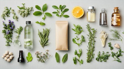 Aesthetic arrangement of herbs and essential oils on a flat surface.