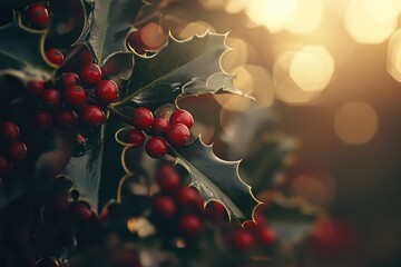 Wall Mural - Close-up of Holly Berries and Leaves with Golden Bokeh Background