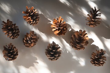 Poster - A Collection of Brown Pine Cones on a White Background with Sunlit Shadows