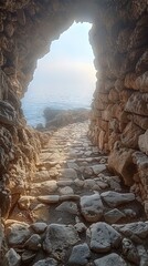 Canvas Print - Stone Path Leading to the Sea Through an Archway