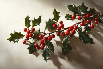 Wall Mural - Sprig of Holly with Red Berries on a White Background