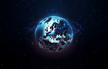 Poster - a digital rendering of earth with glowing blue lines and dots connected across the globe.