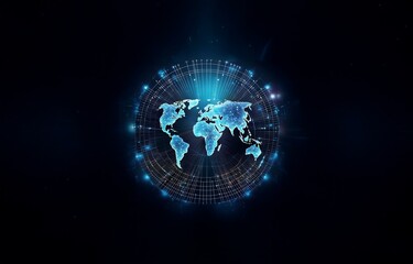 A glowing blue globe of the world with intersecting lines and connected dots on a dark blue background.