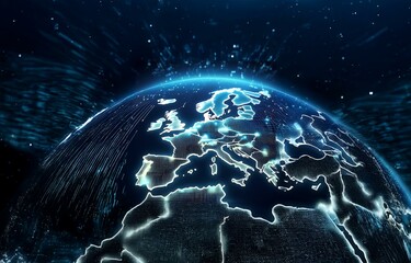 Aufkleber - A glowing blue digital globe with a detailed map of Europe outlined.