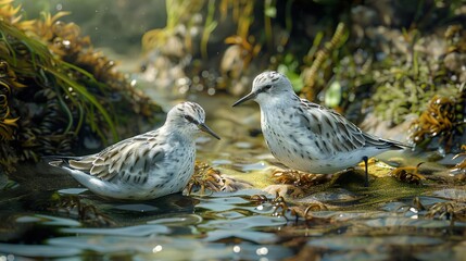 Two Sandpipers Resting on a Rocky Shore