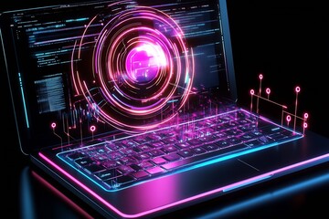 Fototapete - macbook with a circular vision of ai nodes rising from the keyboard area : Generative AI