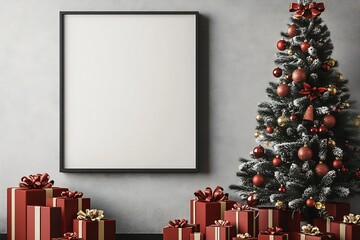 Poster - black framed aspect ratio blank white canvas on wall in a christmas themed : Generative AI