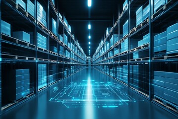 Leinwandbilder - a warehouse fulfillment center with technology overlayed in glowing blue : Generative AI