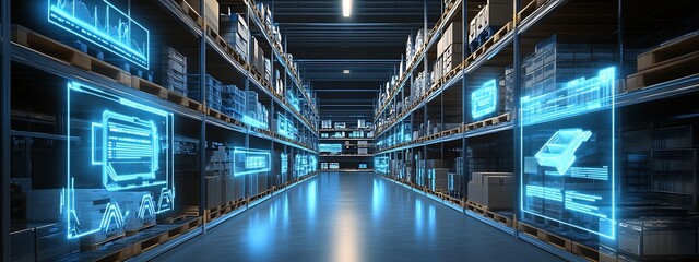 Leinwandbilder - A futuristic warehouse corridor illuminated with blue digital data projections : Generative AI