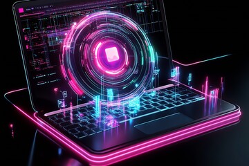 Poster - macbook with a circular vision of ai nodes rising from the keyboard area : Generative AI