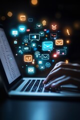 Aufkleber - person using a laptop with floating digital icons : Generative AI